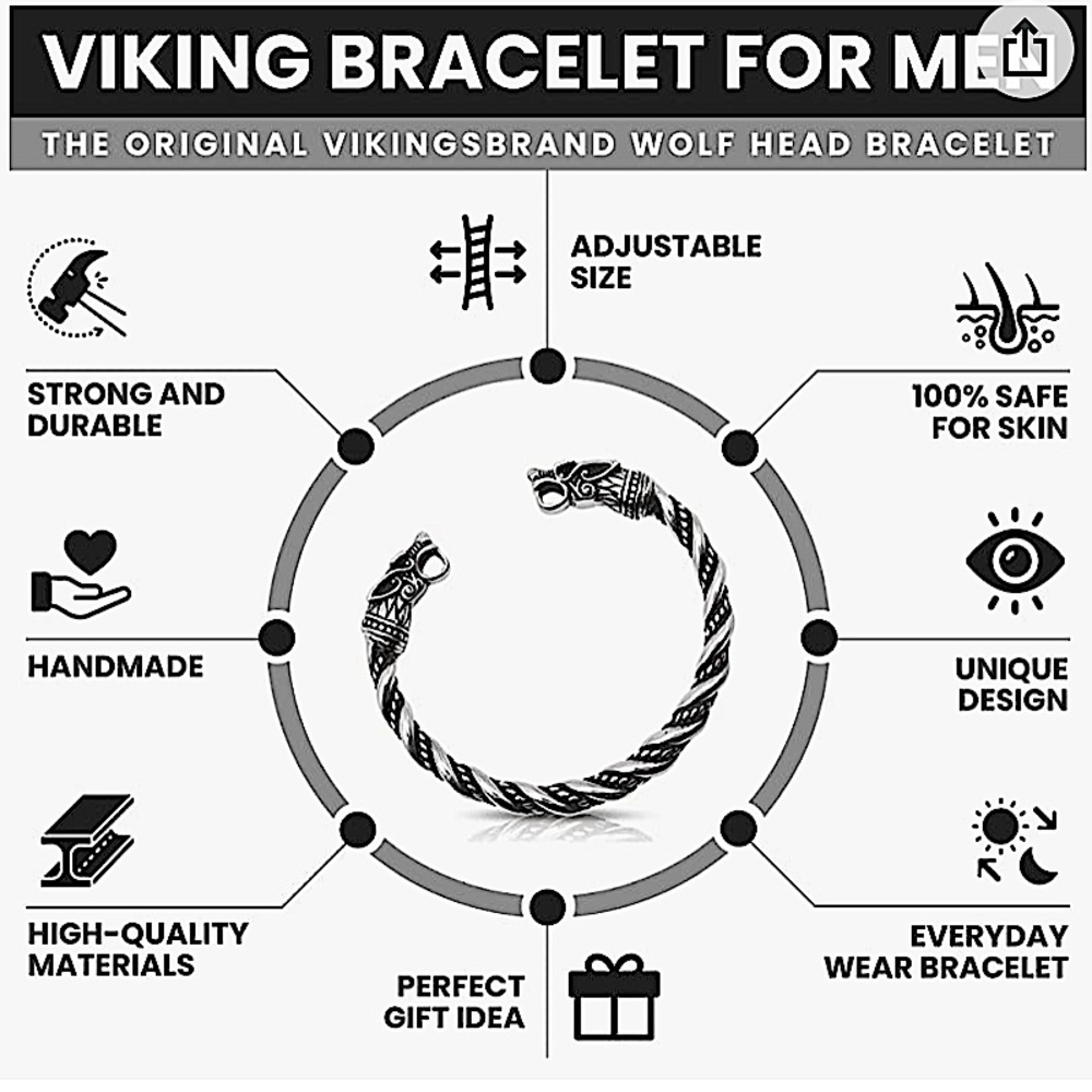 SILVER VIKING WOLF BRACELET SILVER ARM BAND CUFF BANGLE - Picture 8 of 9